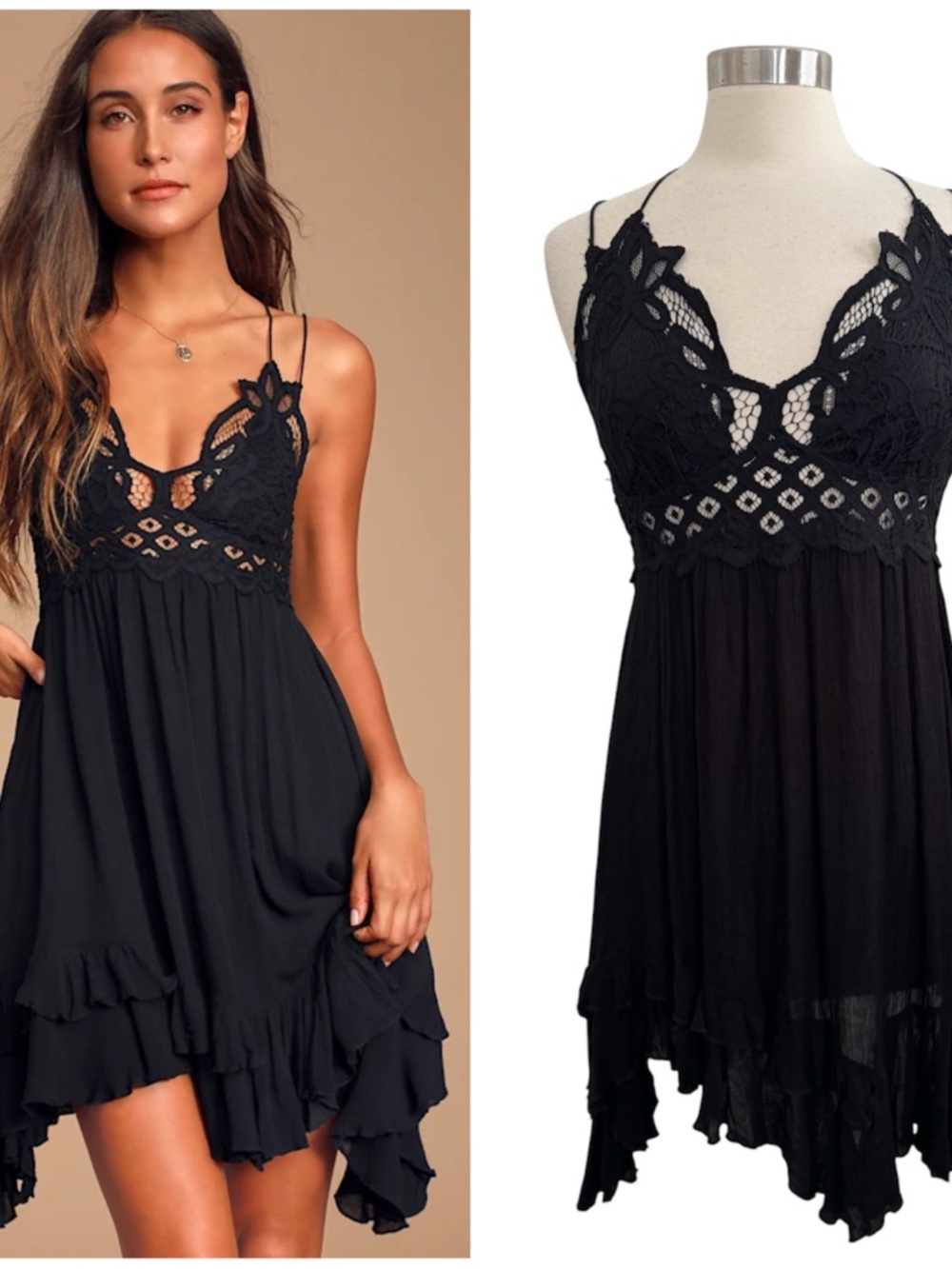 FREE PEOPLE Adella Black Crochet Lace Mini Dress size M - Picture 1 of 10